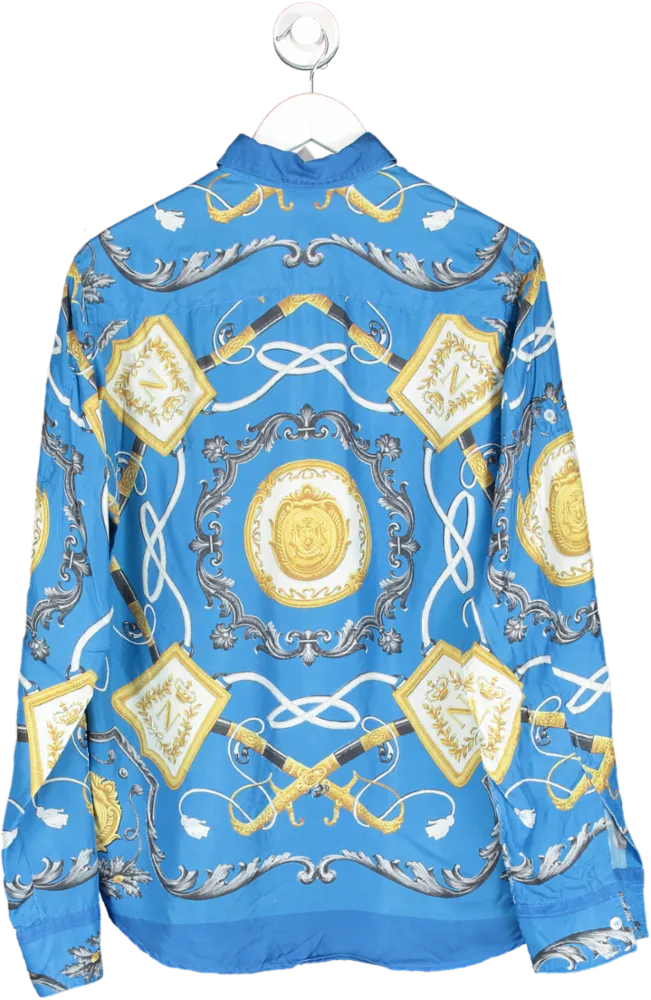Dolce & Gabbana Blue Harnes Print Long Sleeve Shirt, 100% Silk UK M