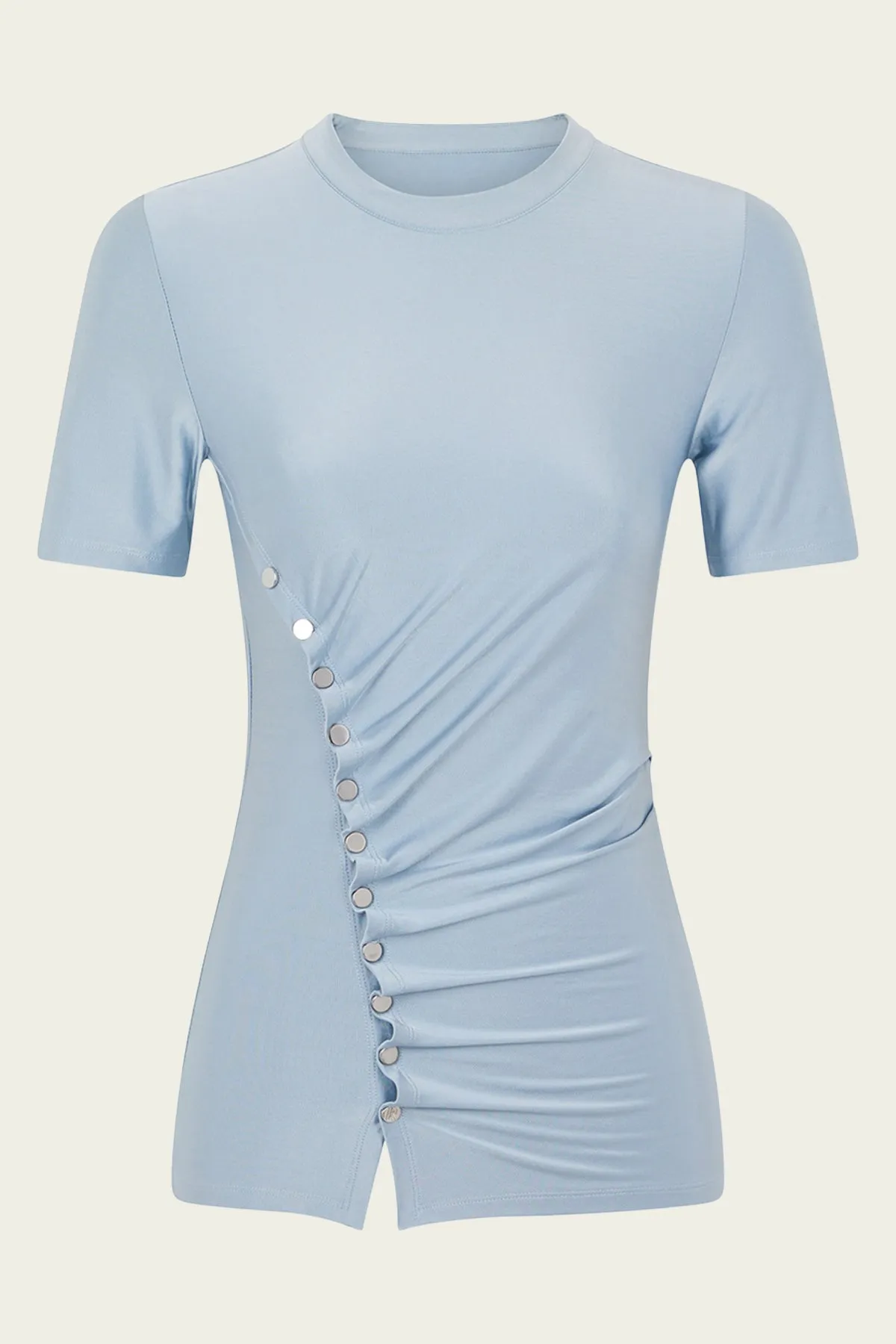 Draped Short-Sleeve Button Top in Faded Blue