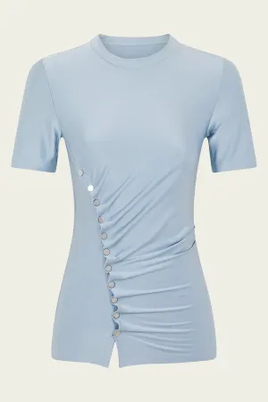 Draped Short-Sleeve Button Top in Faded Blue