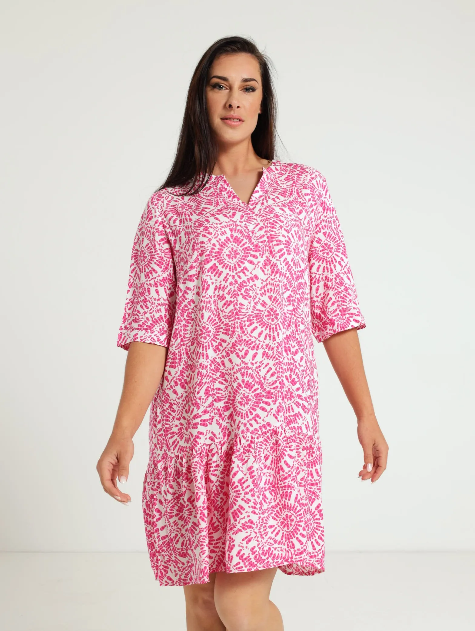 Drop Hem Shift Dress - White/Pink