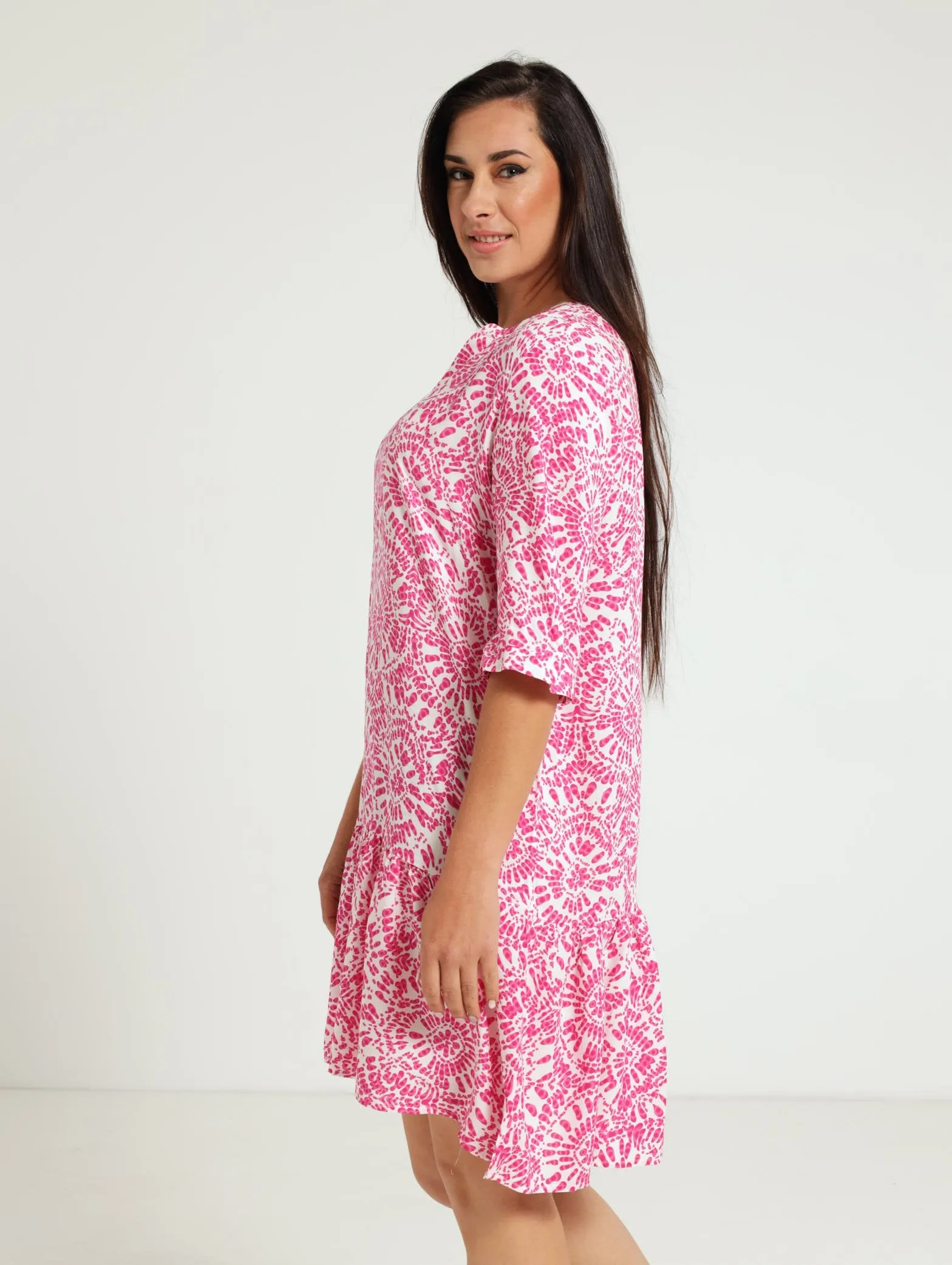 Drop Hem Shift Dress - White/Pink