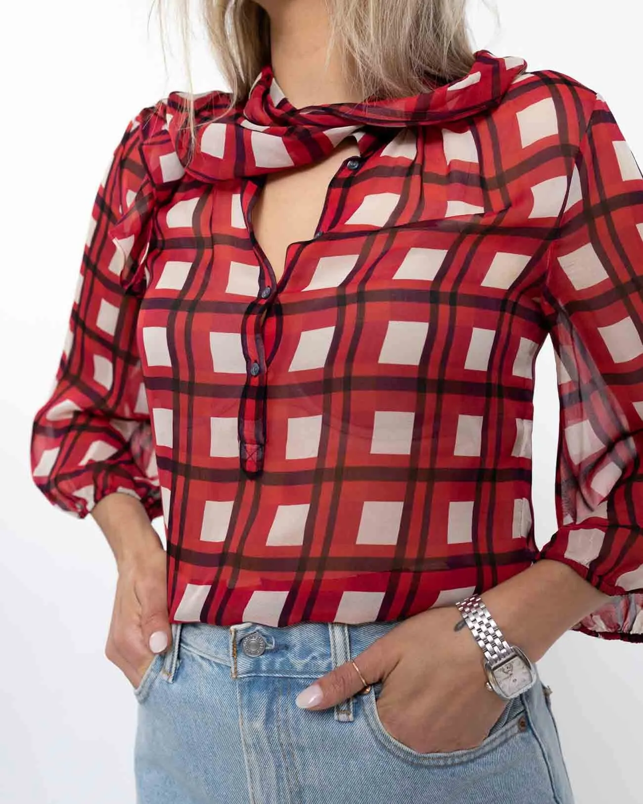 DVF Diane Von Furstenburg Retro Neck Tie Pink Blouse