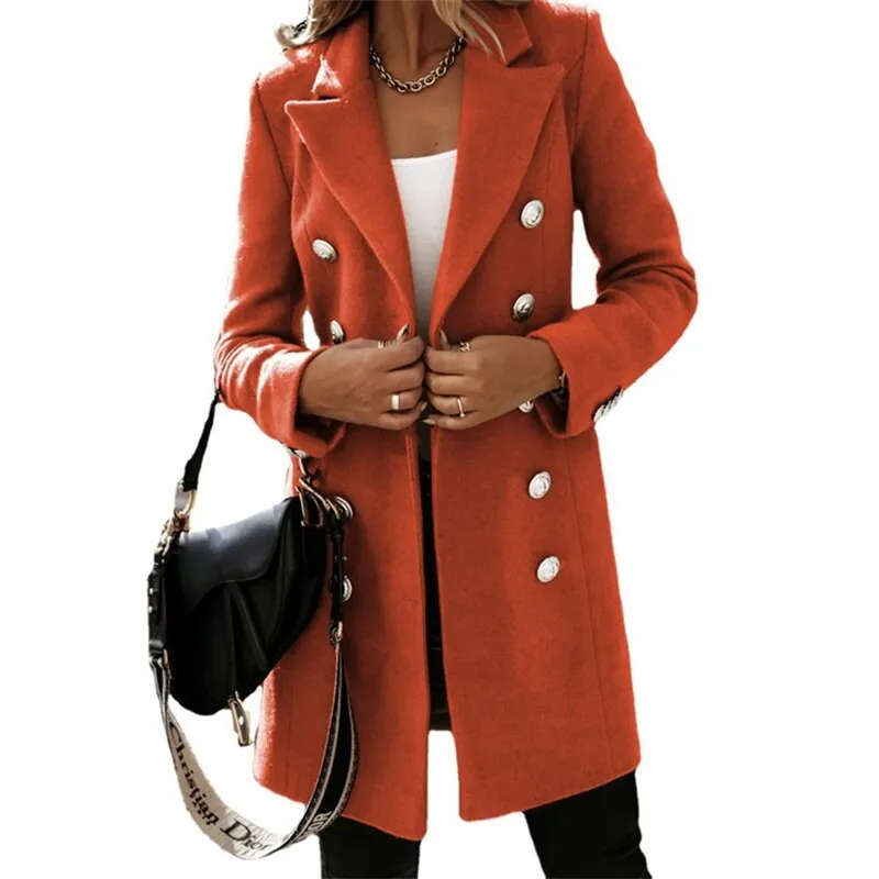 Elegant long trench coat in a wool-likelen look with buttons
