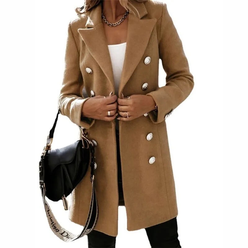 Elegant long trench coat in a wool-likelen look with buttons