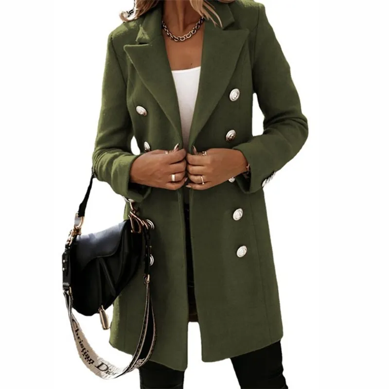 Elegant long trench coat in a wool-likelen look with buttons
