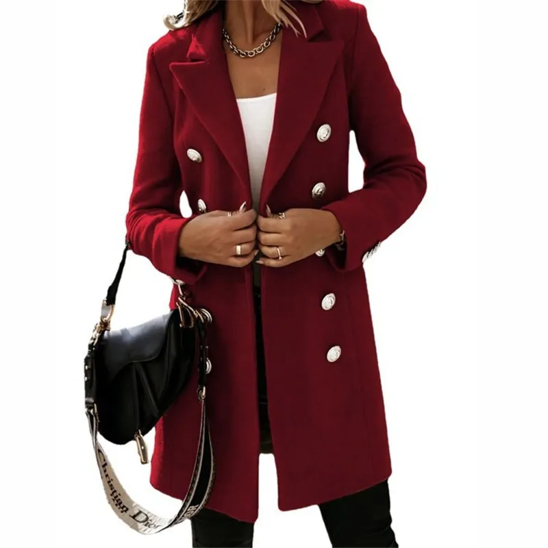 Elegant long trench coat in a wool-likelen look with buttons