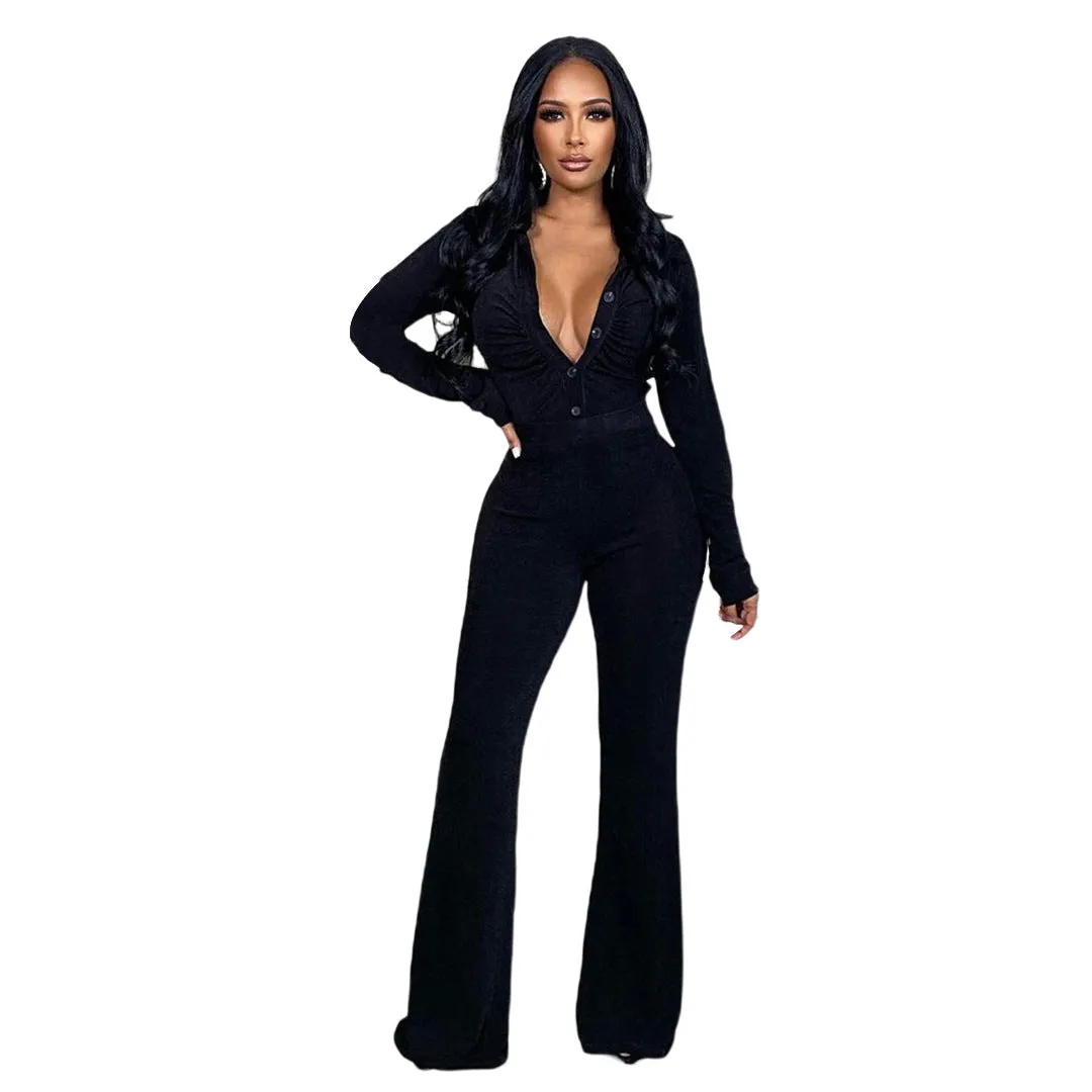 Elegant Velvet Two-Piece Pants Set with Fitted Top and Flared Bottoms