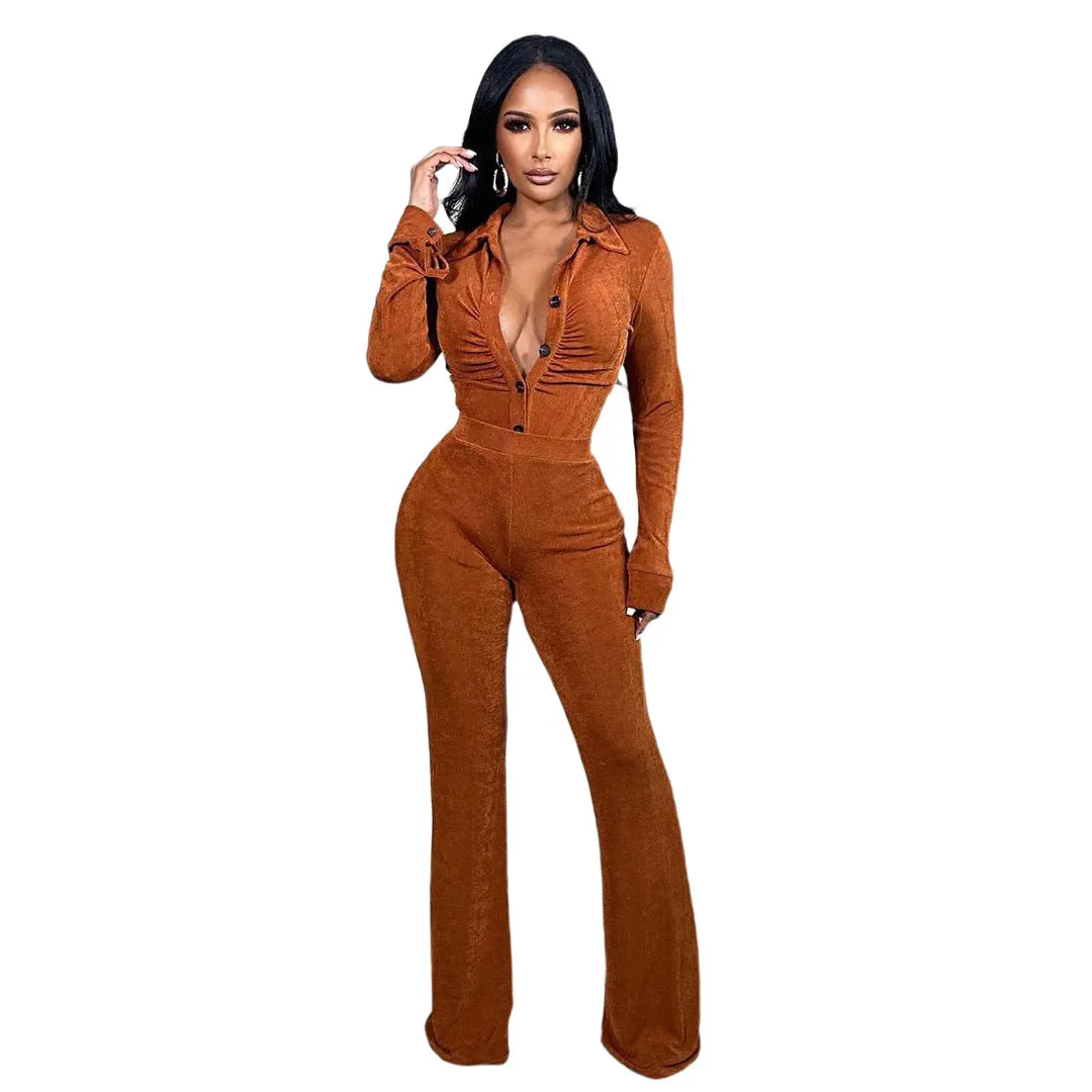 Elegant Velvet Two-Piece Pants Set with Fitted Top and Flared Bottoms