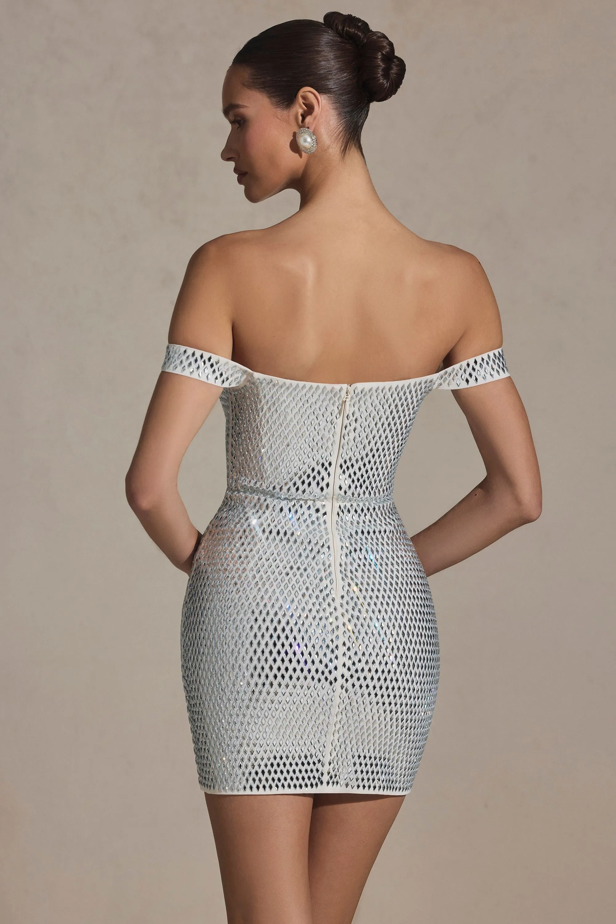 Embellished Off-Shoulder Mini Dress in White