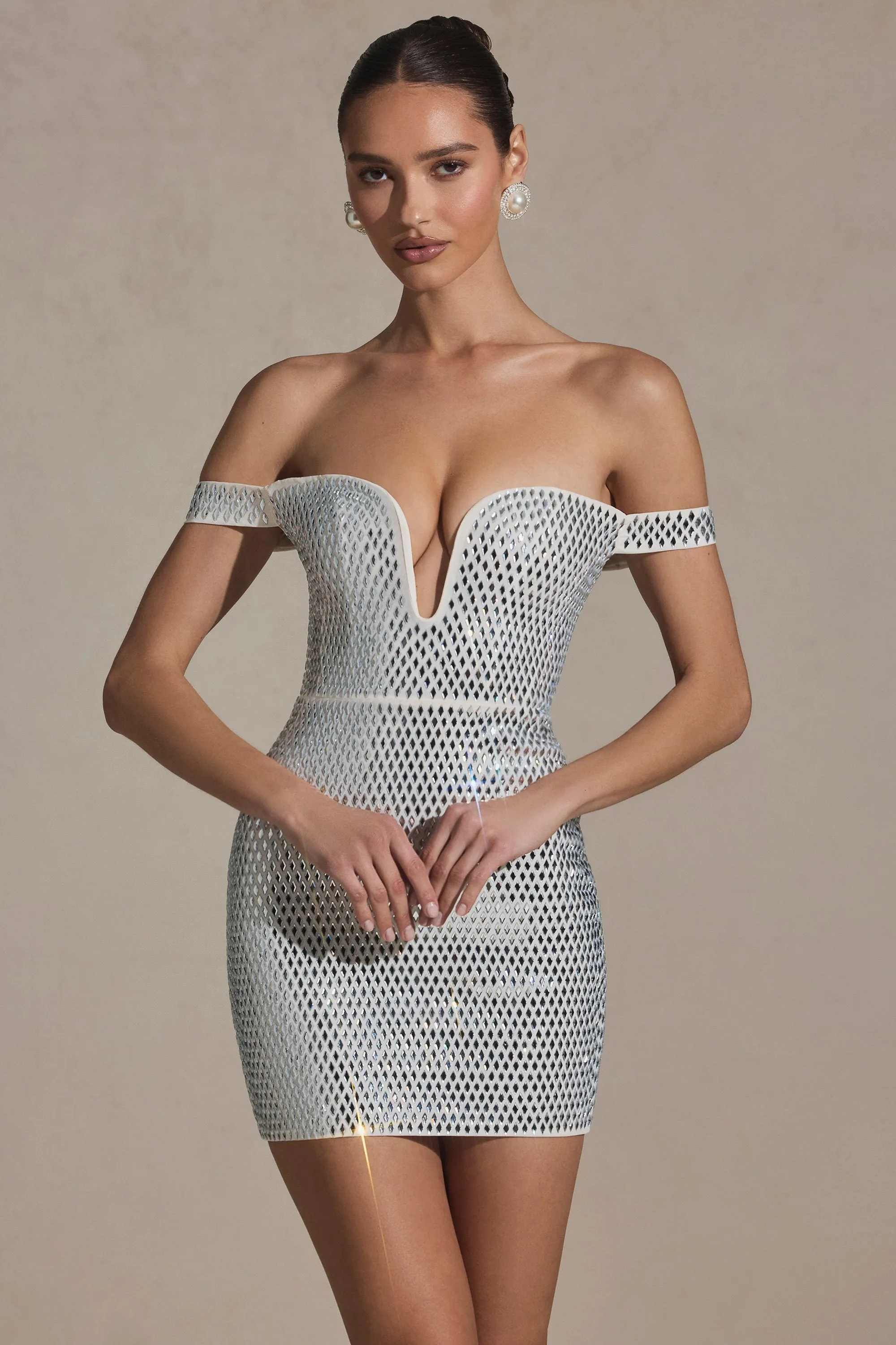 Embellished Off-Shoulder Mini Dress in White