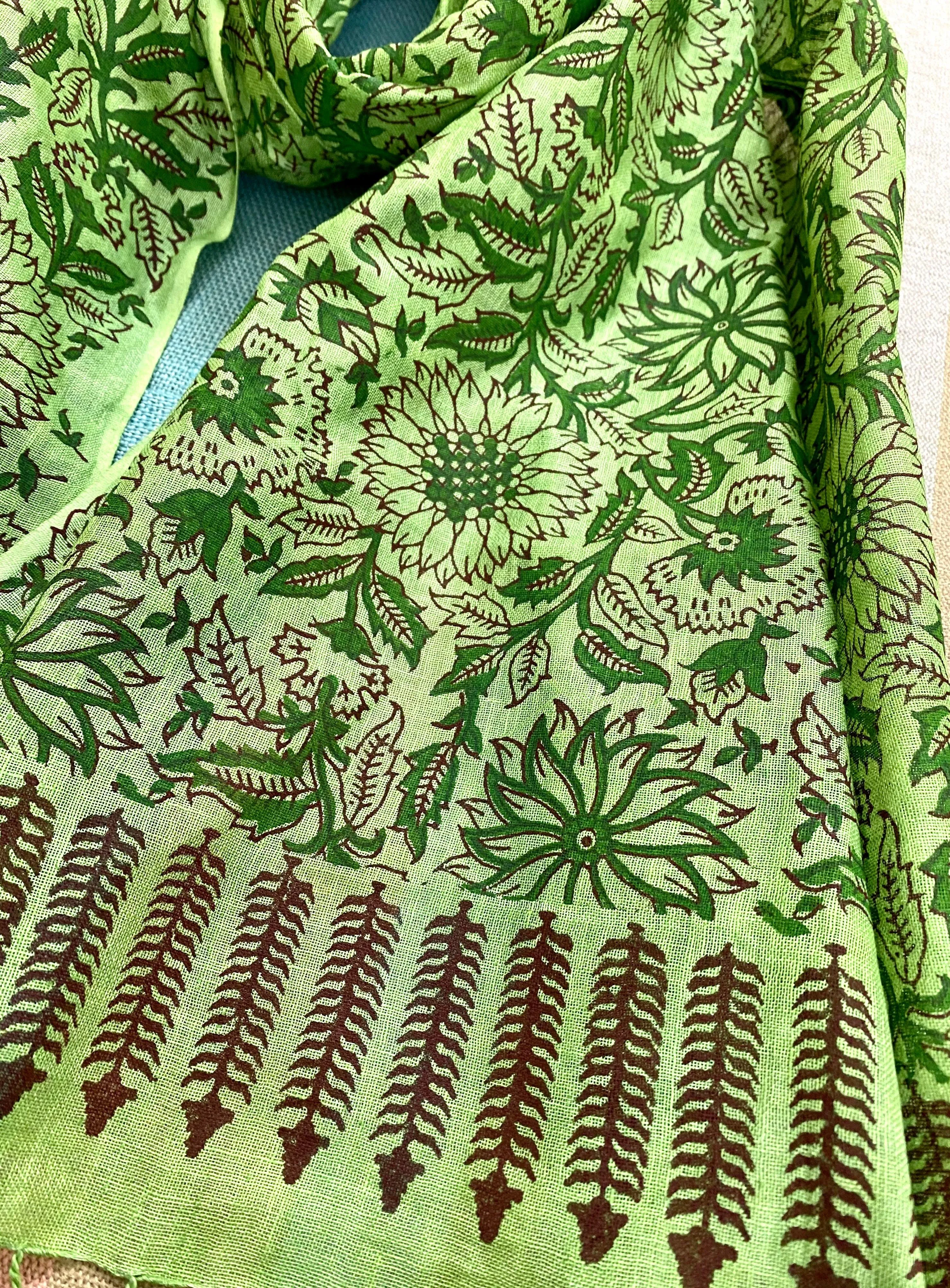 Emerald Elegance Block Printed Pure Linen Scarf