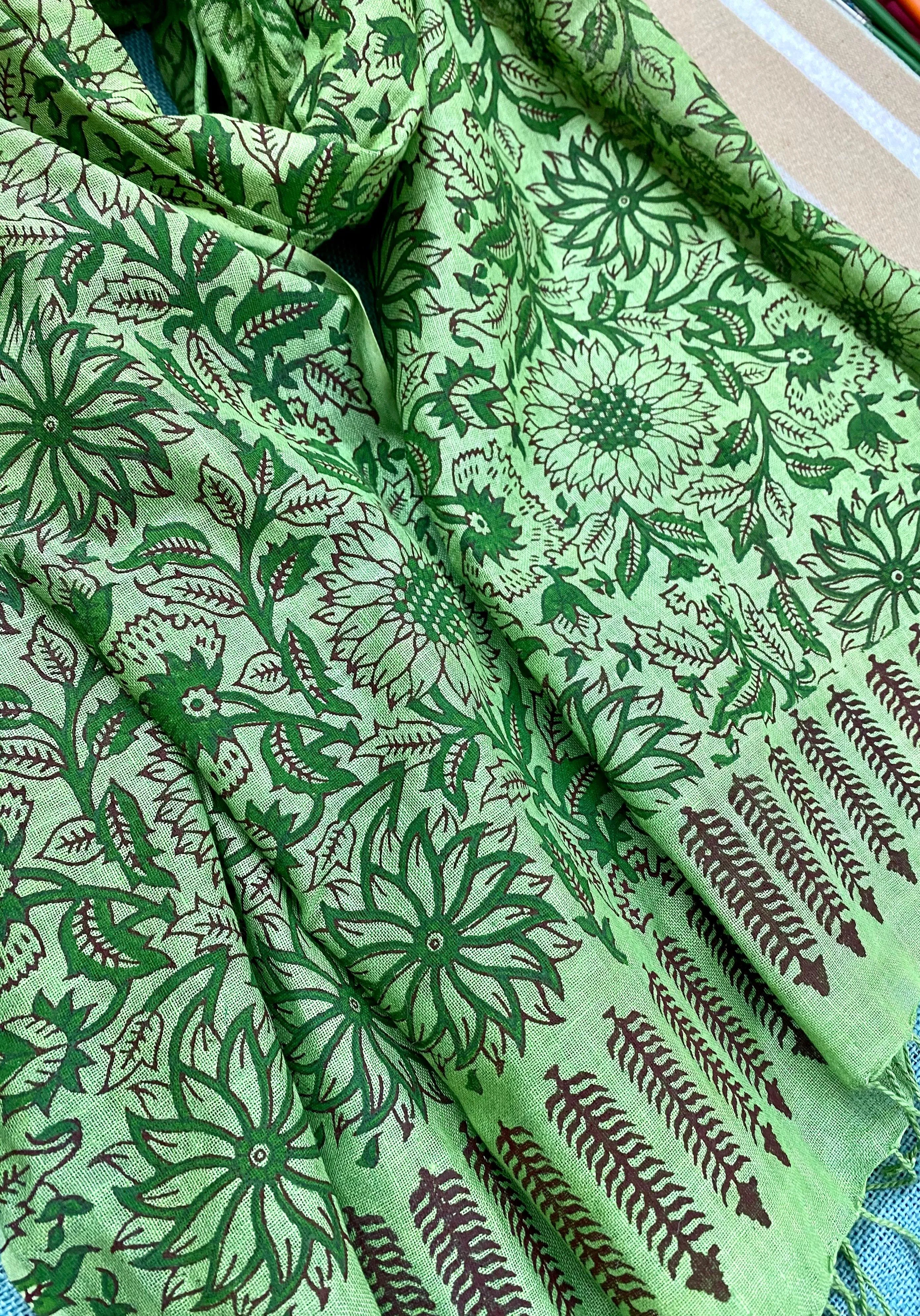Emerald Elegance Block Printed Pure Linen Scarf
