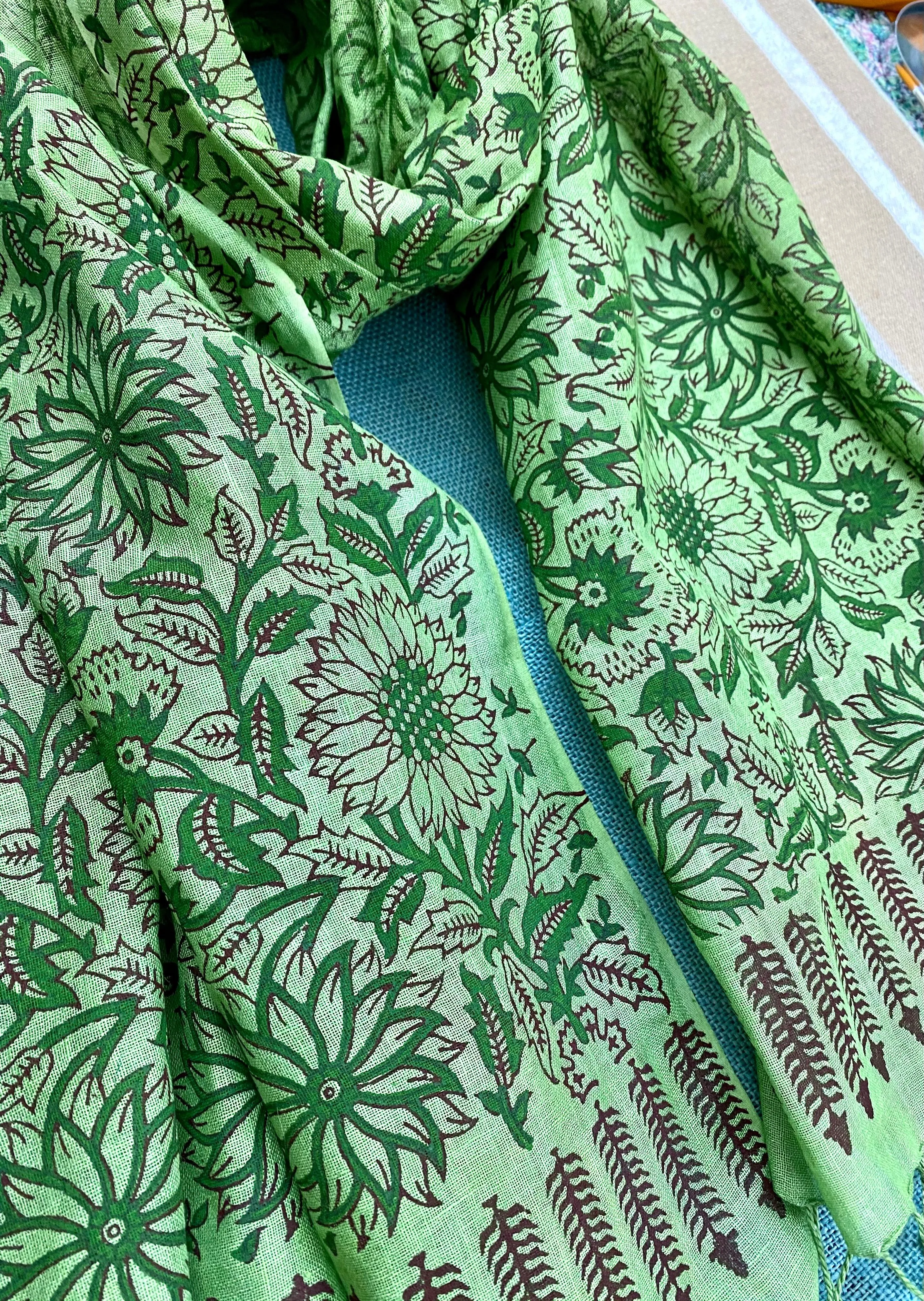 Emerald Elegance Block Printed Pure Linen Scarf