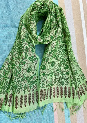 Emerald Elegance Block Printed Pure Linen Scarf