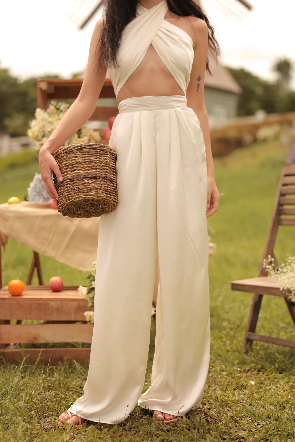 ESME PANT SET Wrap Around Multiway Top with Pleated Wide Leg Pant (White SC Silk)