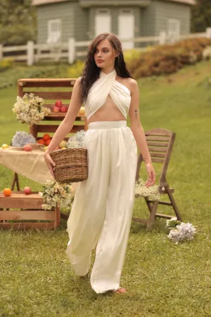 ESME PANT SET Wrap Around Multiway Top with Pleated Wide Leg Pant (White SC Silk)