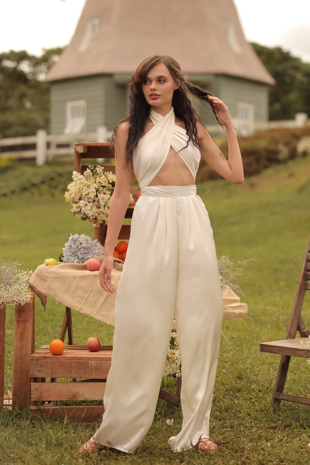 ESME PANT SET Wrap Around Multiway Top with Pleated Wide Leg Pant (White SC Silk)