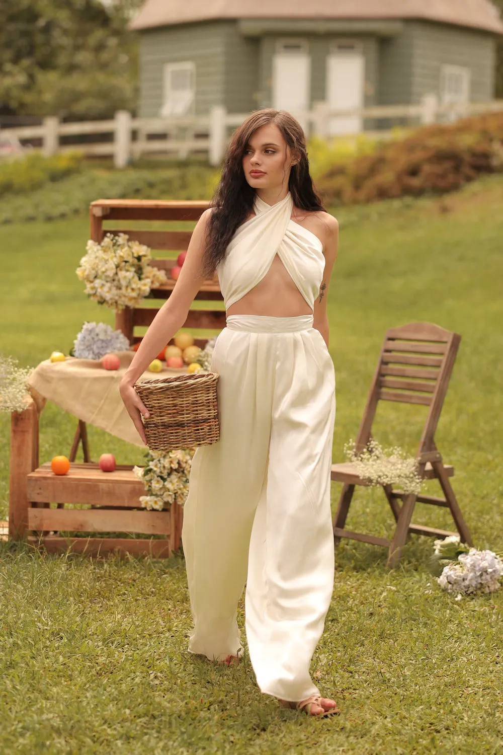 ESME PANT SET Wrap Around Multiway Top with Pleated Wide Leg Pant (White SC Silk)
