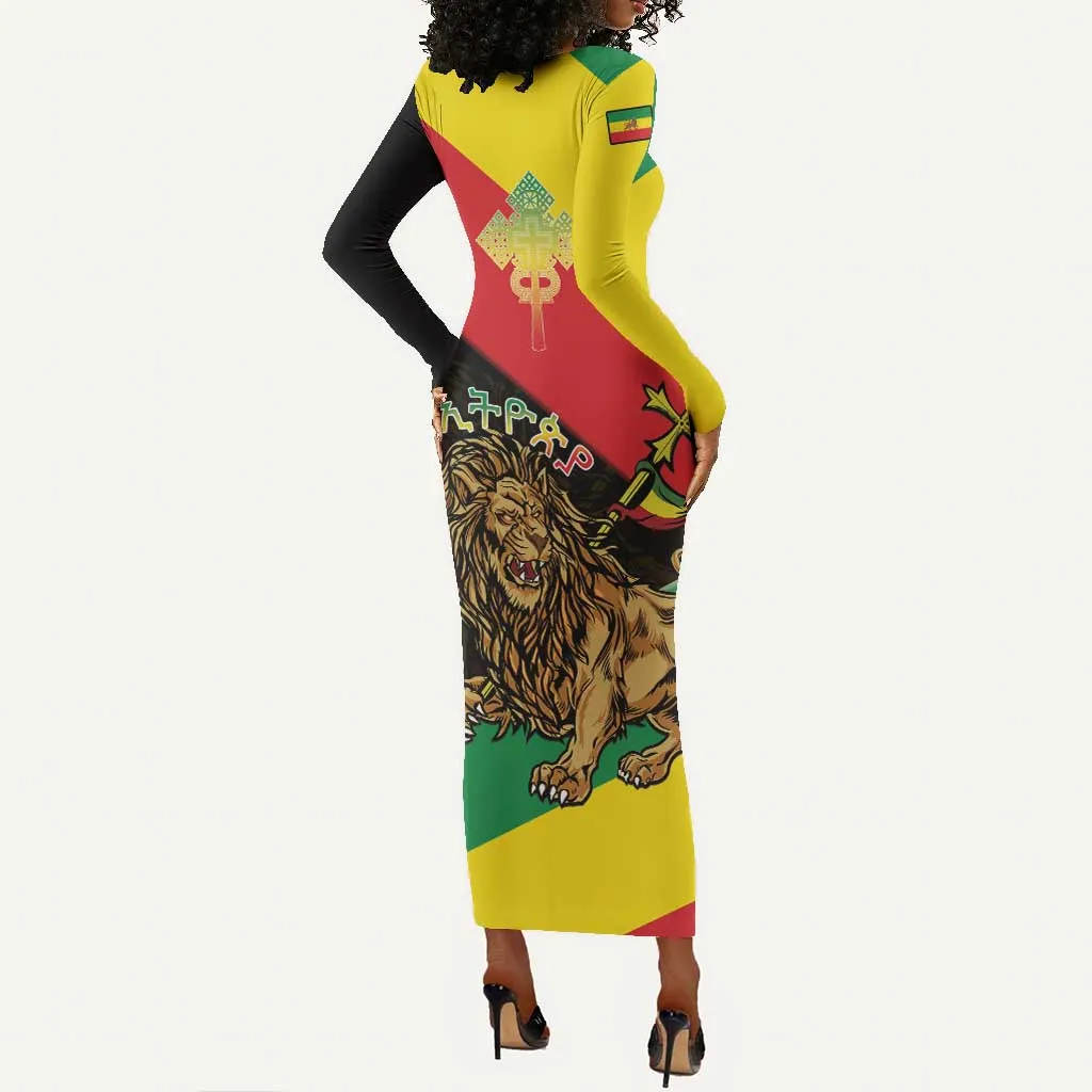 Ethiopia Lion of Judah Long Sleeve Bodycon Dress Ethiopia Empire 1270-1974 LT15