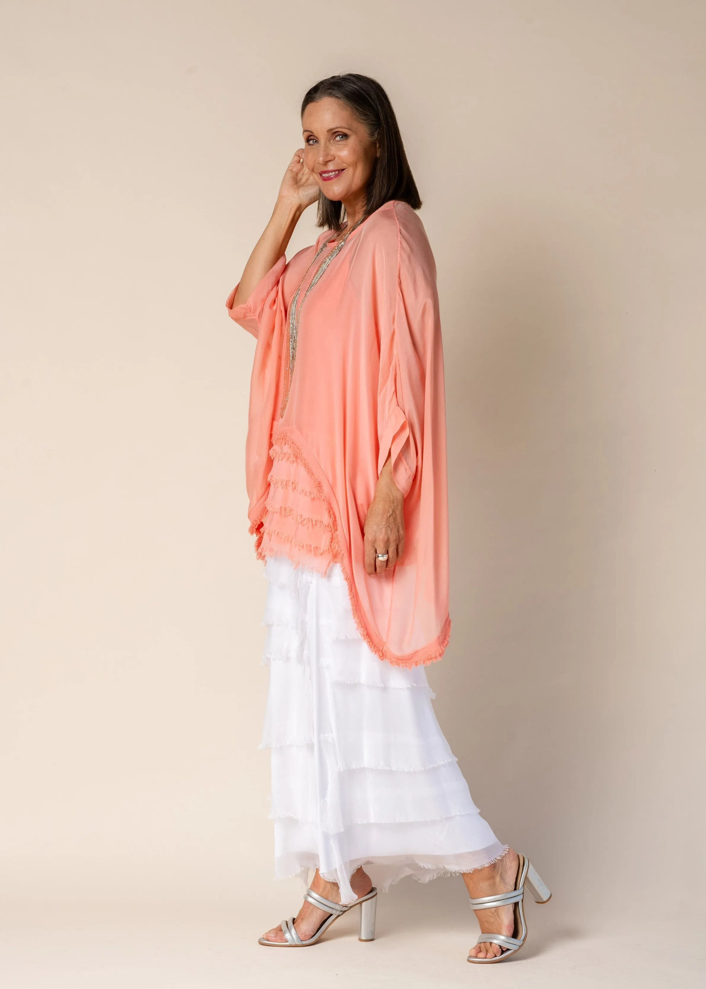 Farah Silk Top in Coral Crush