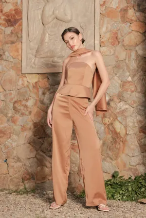 FELICIDAD PANT SET Strapless Curved Neckline Top with Scarf and Pant Set (Bronze Silk Crepe)