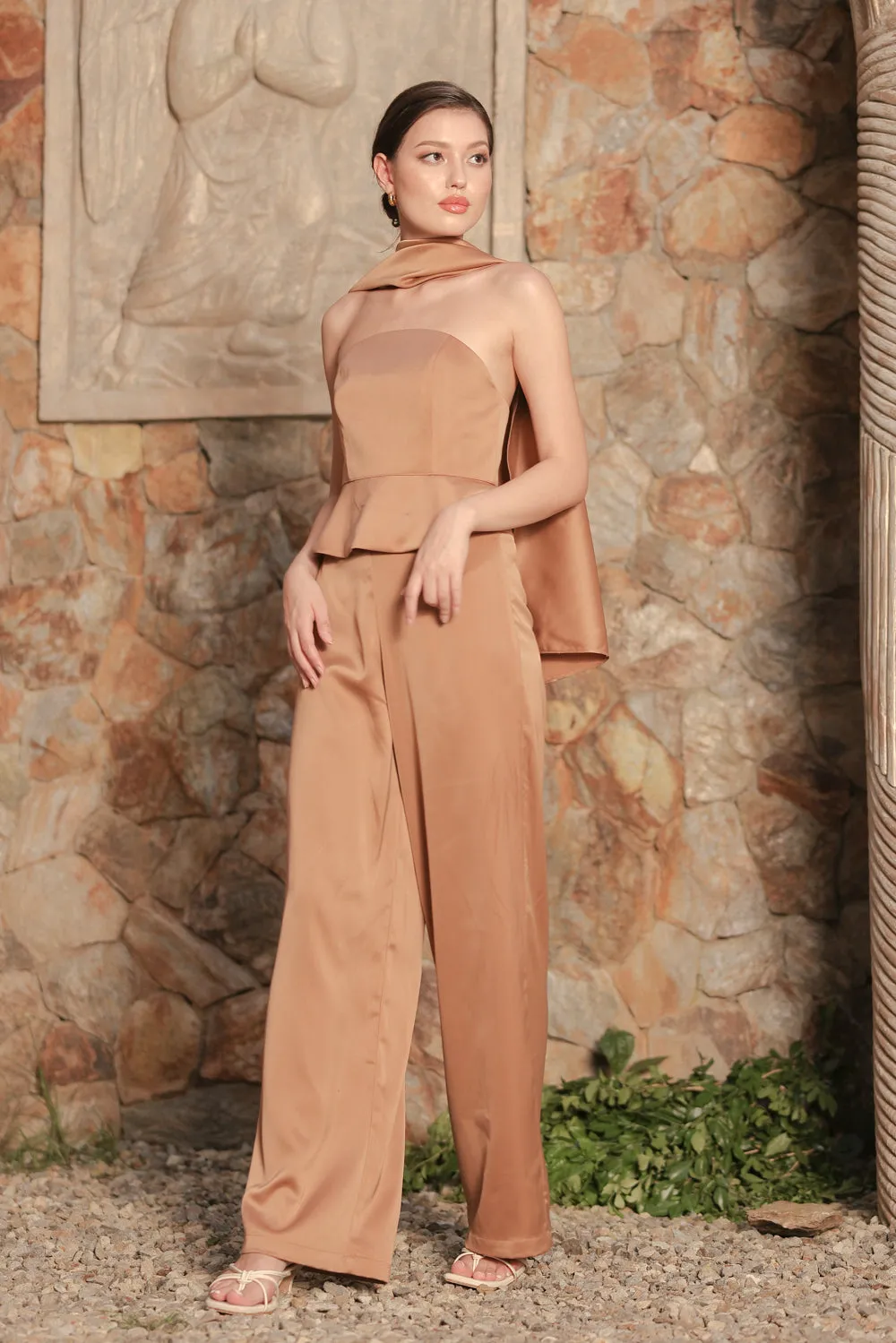 FELICIDAD PANT SET Strapless Curved Neckline Top with Scarf and Pant Set (Bronze Silk Crepe)