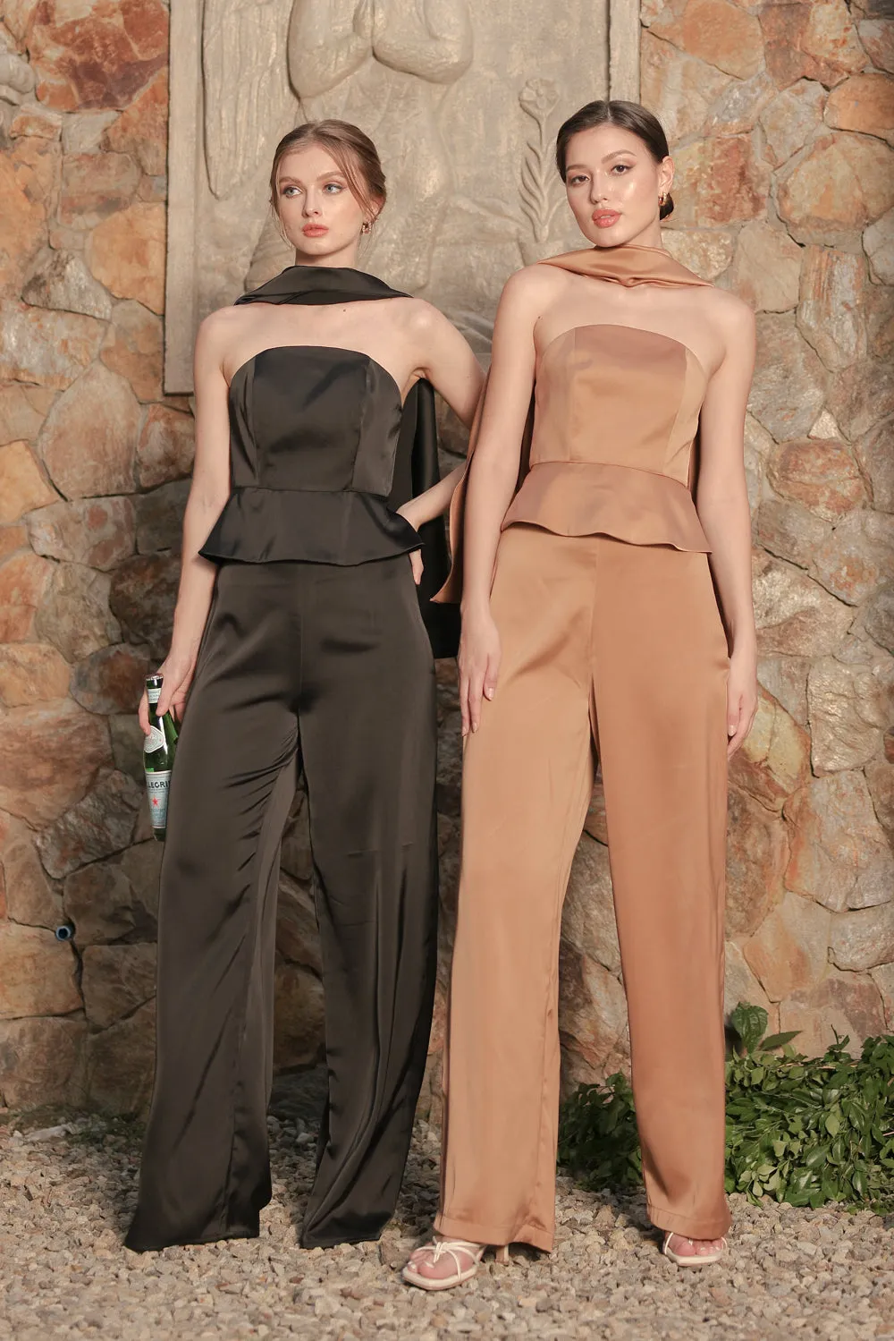 FELICIDAD PANT SET Strapless Curved Neckline Top with Scarf and Pant Set (Bronze Silk Crepe)