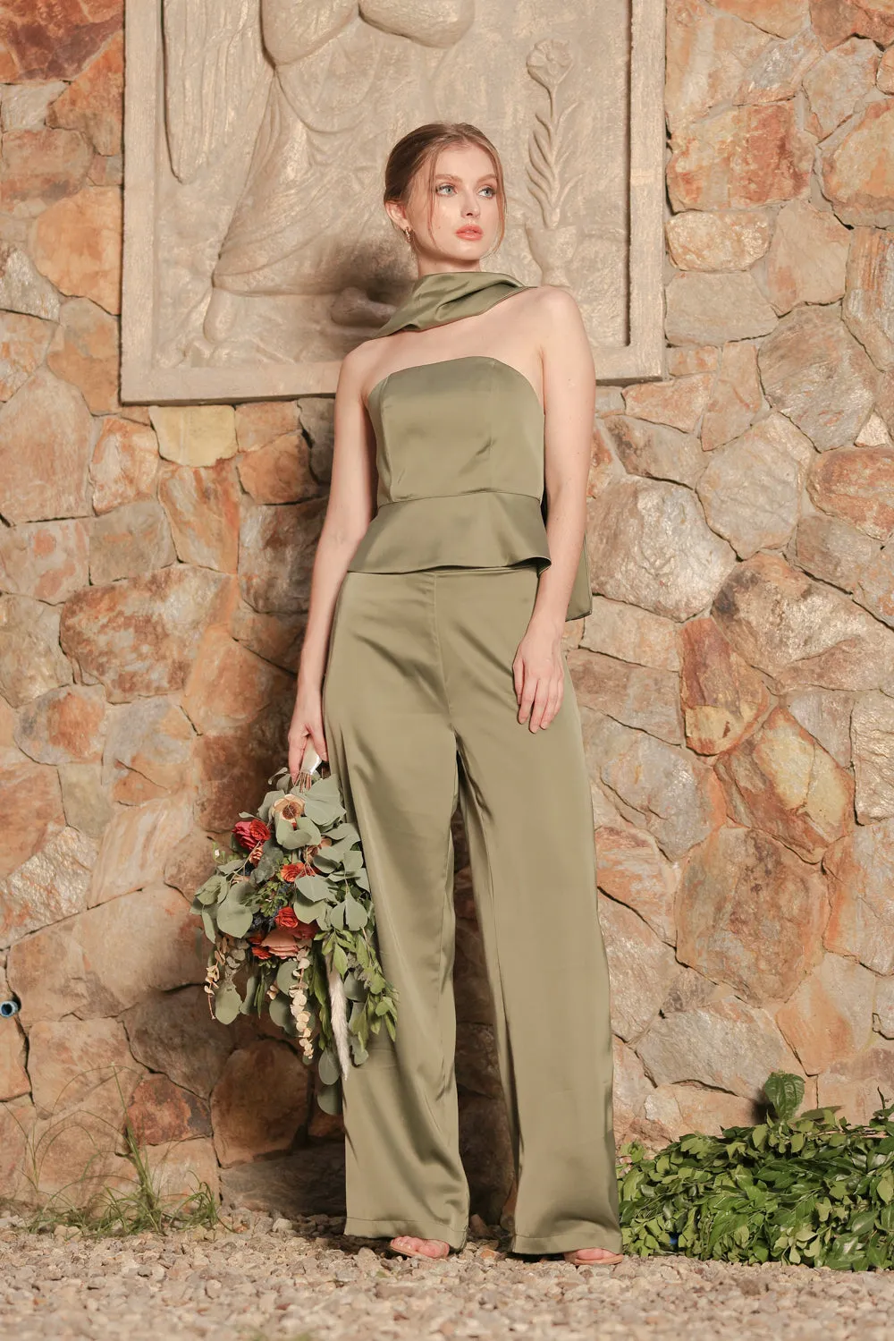 FELICIDAD PANT SET Strapless Curved Neckline Top with Scarf and Pant Set (Olive Silk Crepe)
