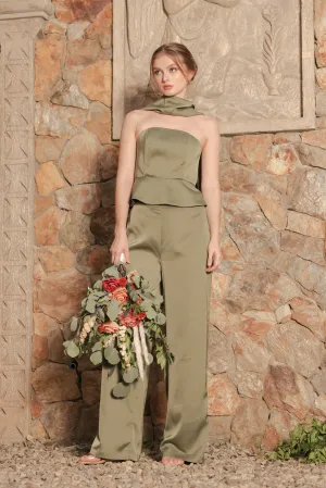FELICIDAD PANT SET Strapless Curved Neckline Top with Scarf and Pant Set (Olive Silk Crepe)