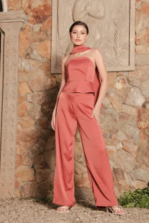FELICIDAD PANT SET Strapless Curved Neckline Top with Scarf and Pant Set  (Rust Silk Crepe)