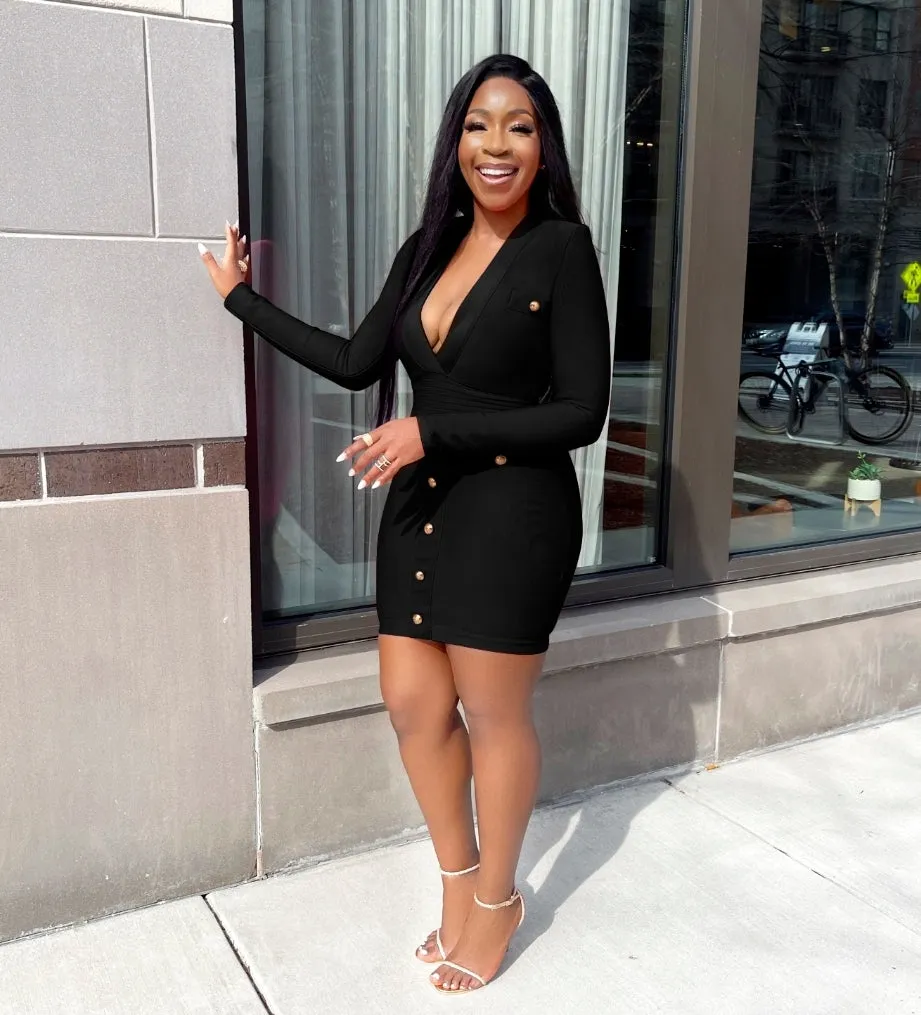 FINAL SALE! Nia- Button Embellished Bandage Dress (CLEARANCE OUTLET! Final Sale/No Return/No Exchange!)