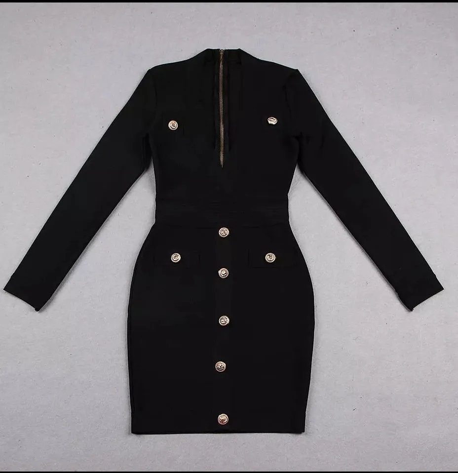 FINAL SALE! Nia- Button Embellished Bandage Dress (CLEARANCE OUTLET! Final Sale/No Return/No Exchange!)