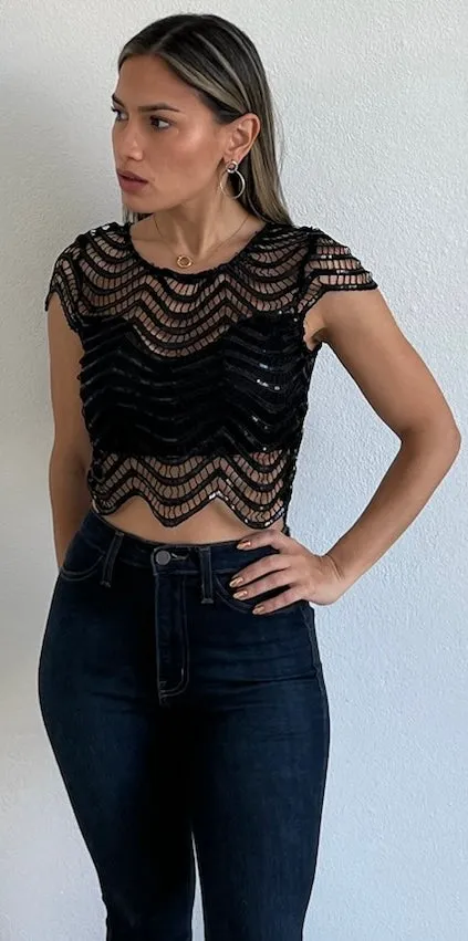 Flawless Sparkle Black Sequins & Crochet Top