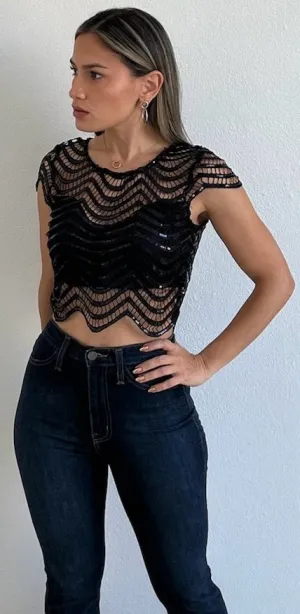 Flawless Sparkle Black Sequins & Crochet Top