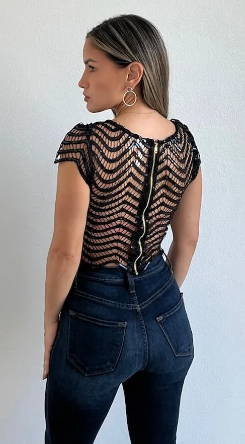 Flawless Sparkle Black Sequins & Crochet Top