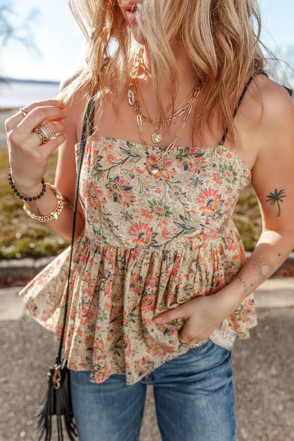 Floral Spaghetti Strap Peplum Cami S-XL