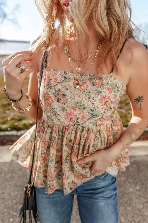 Floral Spaghetti Strap Peplum Cami S-XL