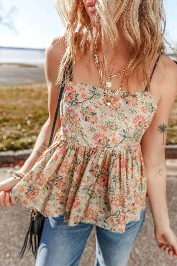 Floral Spaghetti Strap Peplum Cami S-XL