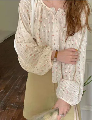 Floral V-Neck Blouse - French Wire Accents & Long Sleeves
