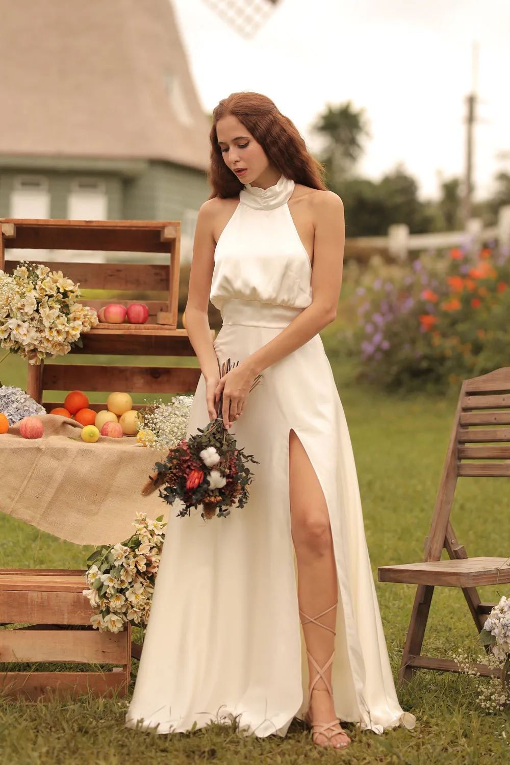 FLORENTINE SET DRESS Halter Tie Back Dress with Slit Maxi Skirt (White SC Silk)
