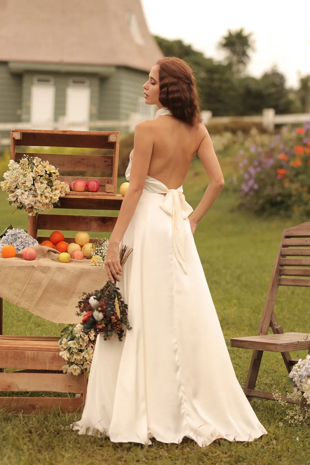 FLORENTINE SET DRESS Halter Tie Back Dress with Slit Maxi Skirt (White SC Silk)