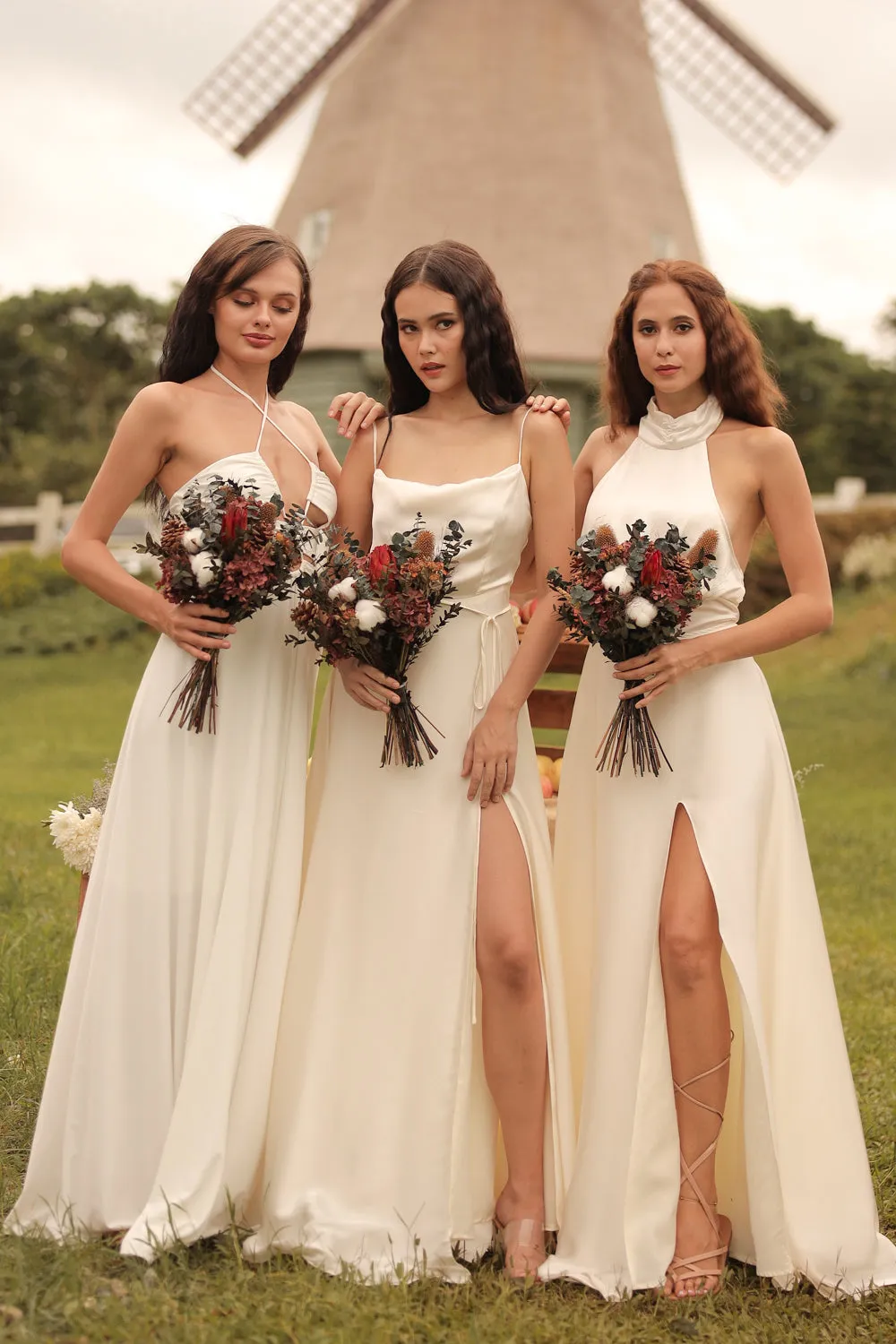 FLORENTINE SET DRESS Halter Tie Back Dress with Slit Maxi Skirt (White SC Silk)