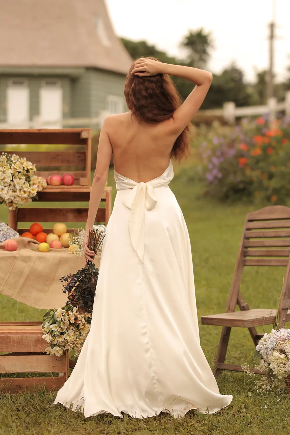 FLORENTINE SET DRESS Halter Tie Back Dress with Slit Maxi Skirt (White SC Silk)