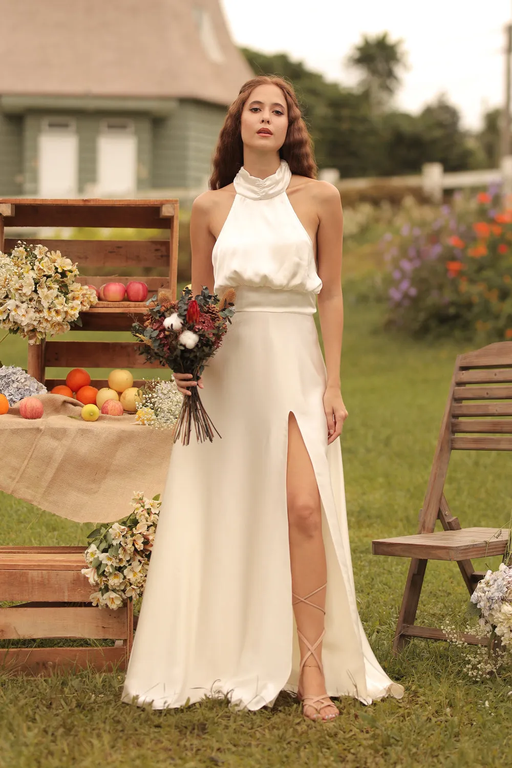 FLORENTINE SET DRESS Halter Tie Back Dress with Slit Maxi Skirt (White SC Silk)