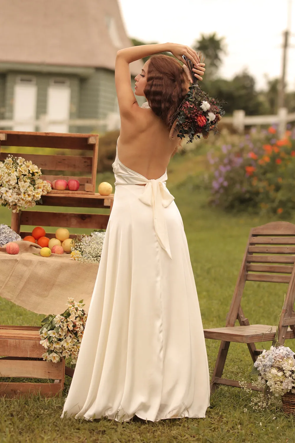 FLORENTINE SET DRESS Halter Tie Back Dress with Slit Maxi Skirt (White SC Silk)