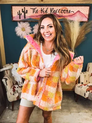 Fun Orange Teddy Block Plaid Sherp Jacket