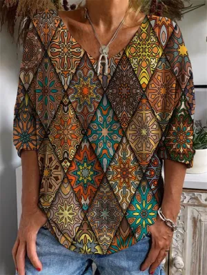 Geometric Pattern V-Neck Long Sleeve T-Shirt