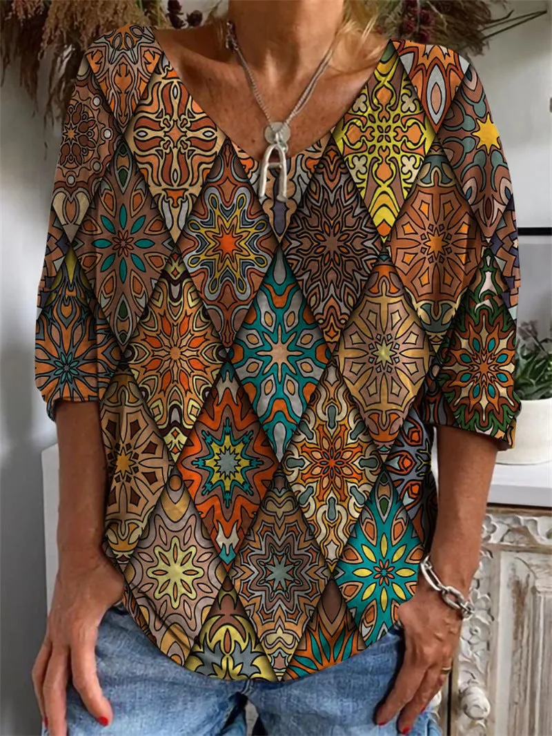 Geometric Pattern V-Neck Long Sleeve T-Shirt