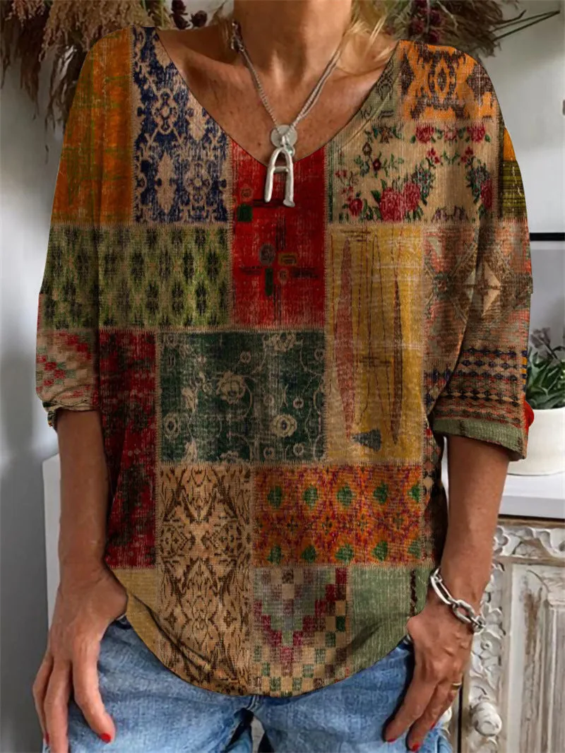 Geometric Pattern V-Neck Long Sleeve T-Shirt