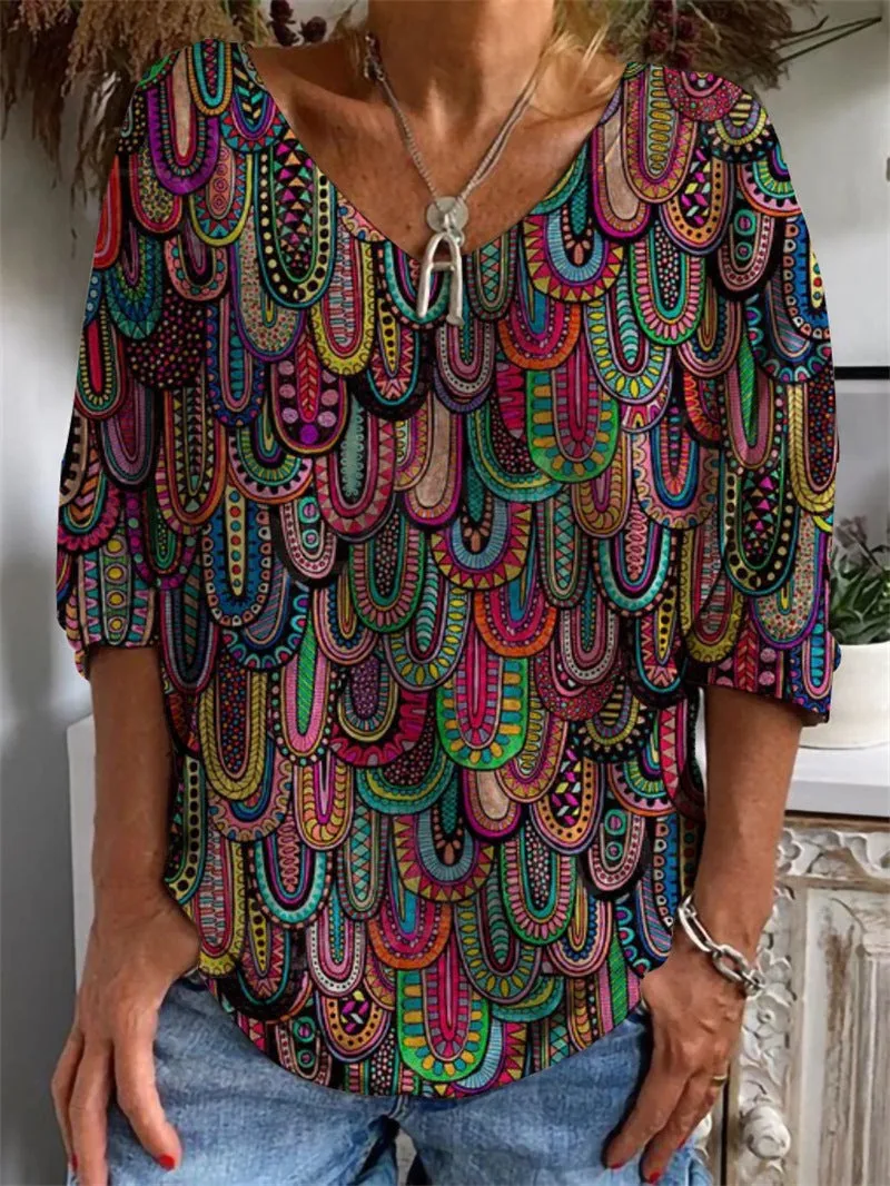 Geometric Pattern V-Neck Long Sleeve T-Shirt